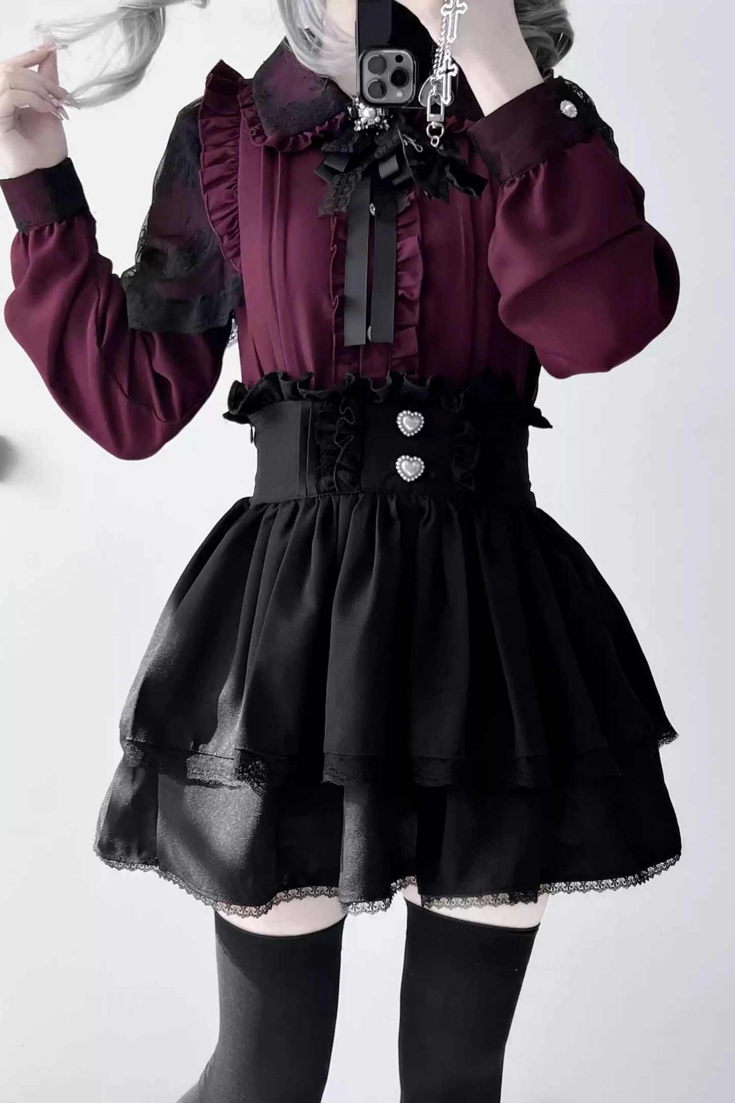 Lace Frill Collar Shirt-Skirt Setup