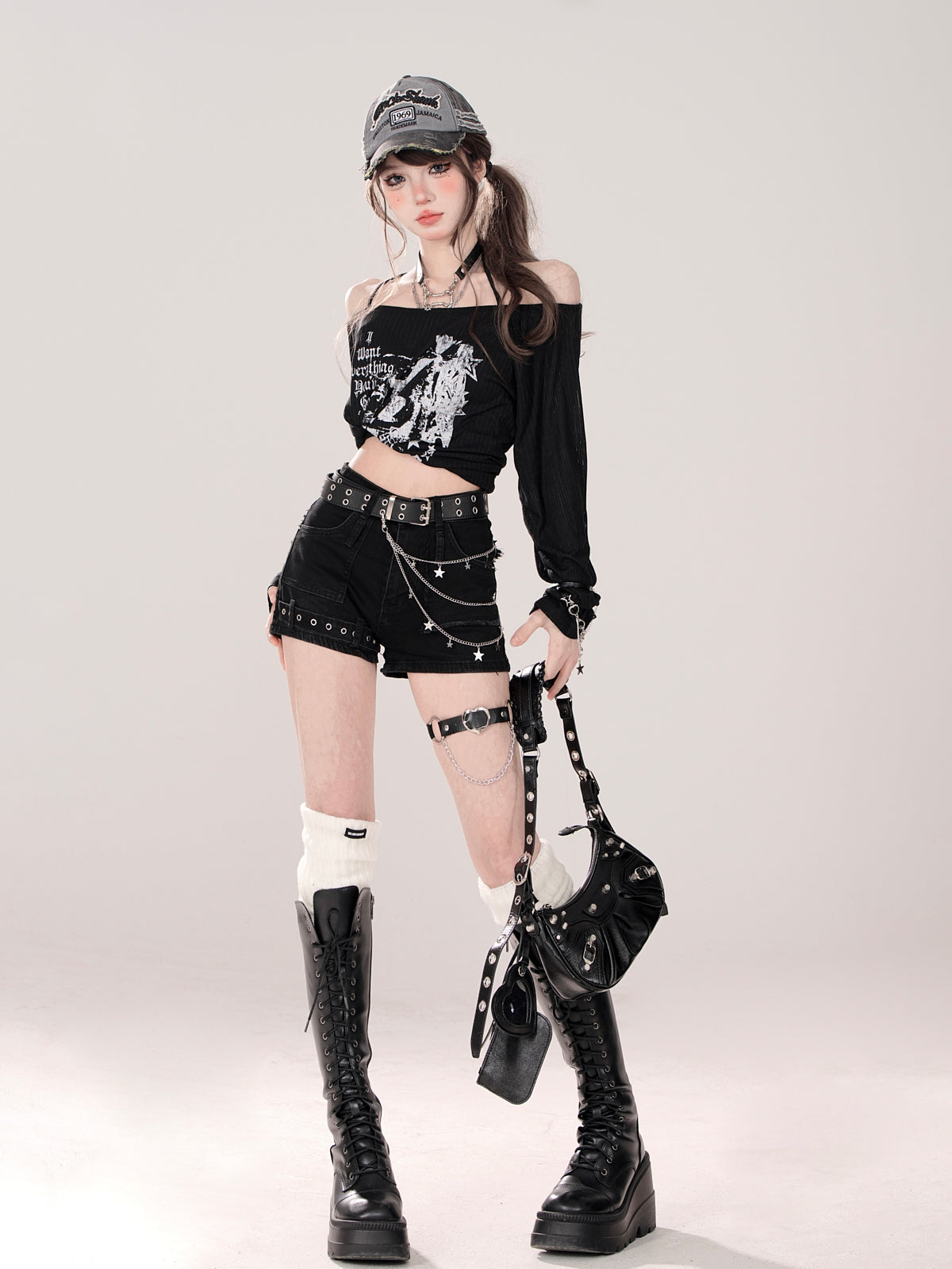 Printed Off-the-shoulder Loose Strap Sheer Top [Reserved Item