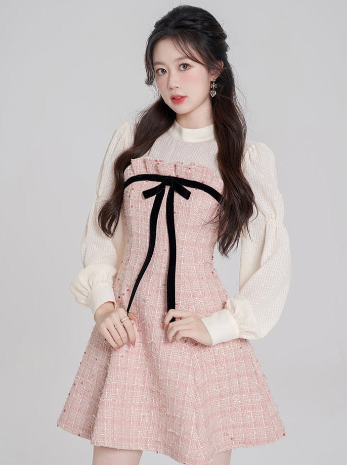 小香风粉色假两件连衣裙女装 2024 春装新款 高端气质收腰法式 A 字裙