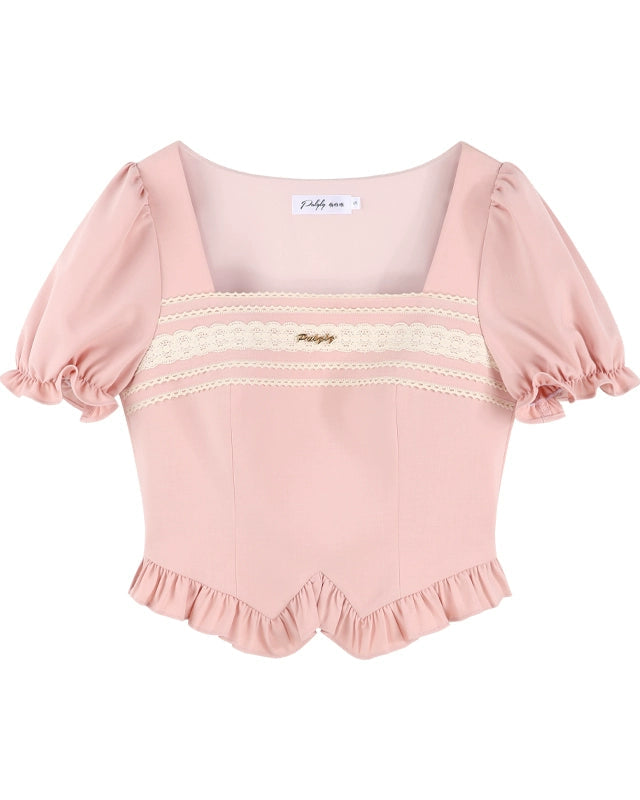 Top rosa de manga abullonada con cuello cuadrado + falda acampanada