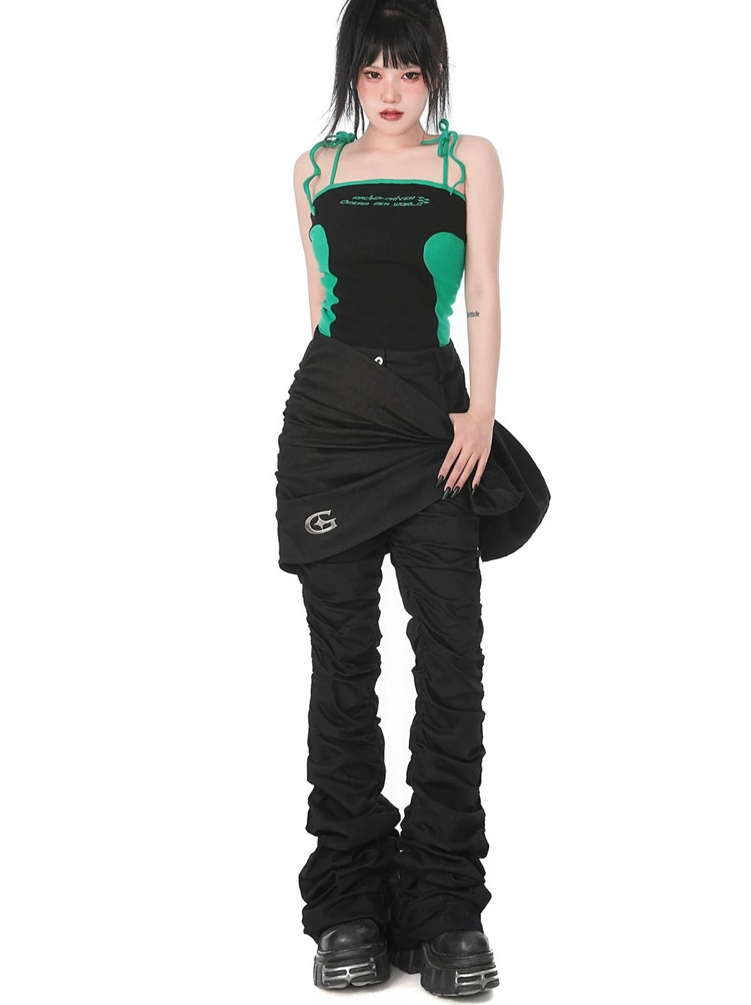 Detachable Apron Fuchsia Pleated Bell Bottom Casual Pants Two Piece Set