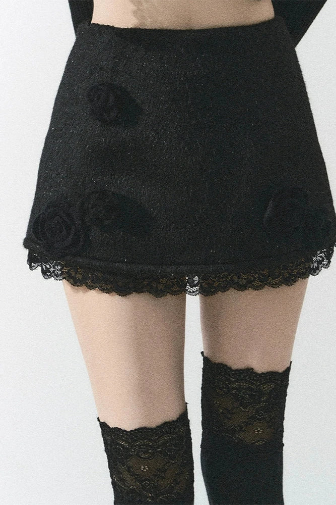 【Producto reservado】Chaqueta de un solo hombro de tweed + falda de flores
