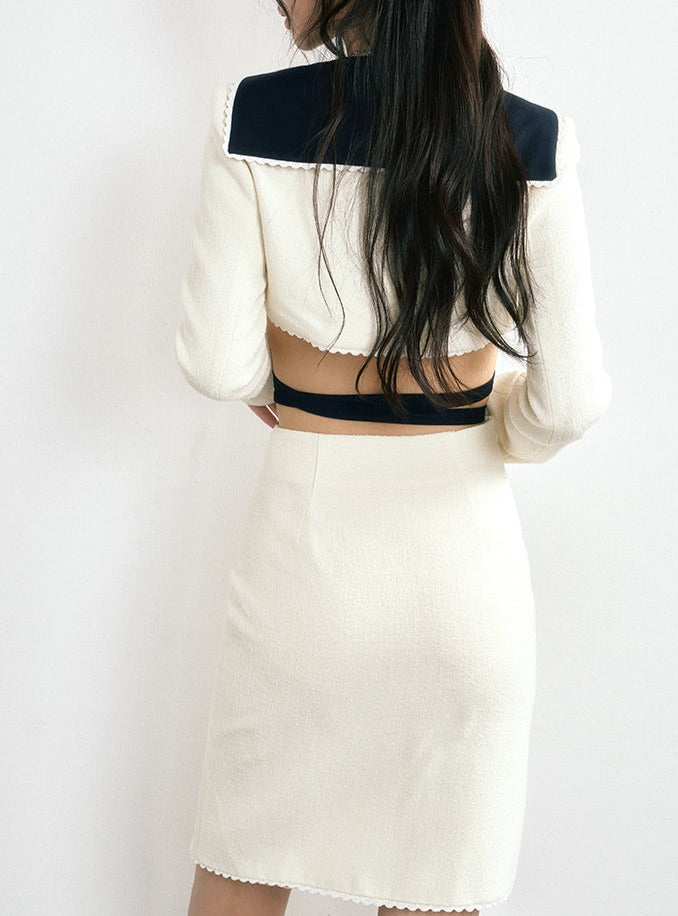 Cross Short Jacket + Slit Ribbon Tight Skirt
