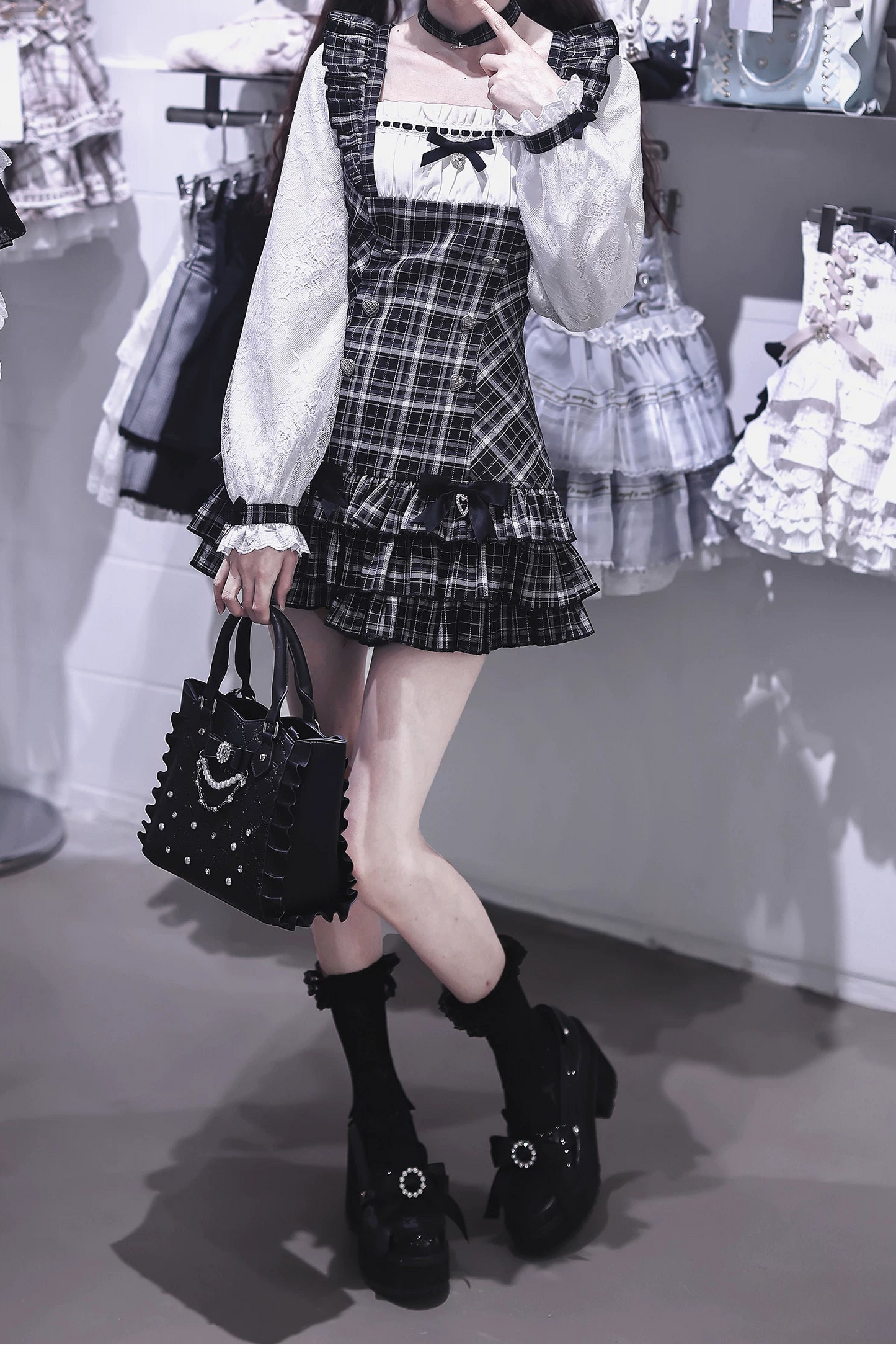 【9月15日予約締切】Black Check Frill Ribbon Long-Sleeve Mini Dress Set-Up + Choker