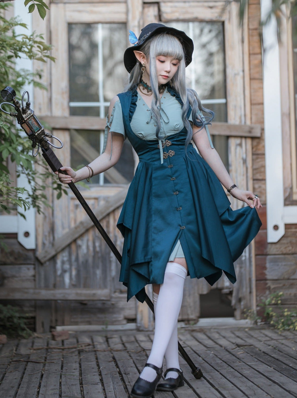 Dunkles Pfauengrün Retro Romantisches Ärmelloses Westenkleid