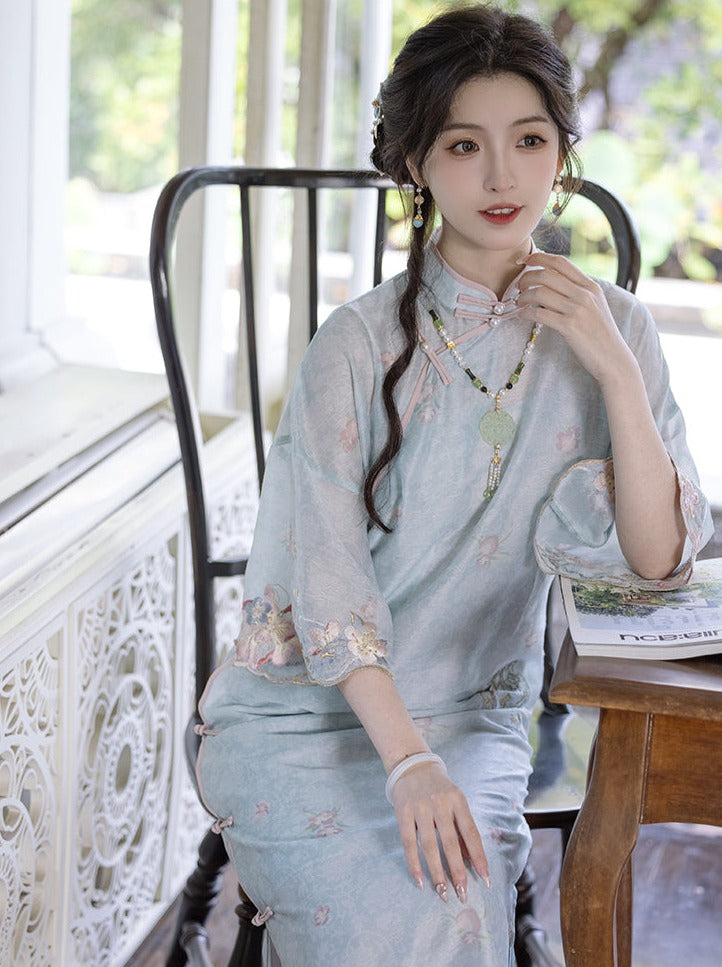 川傣时光:照水照柔新中式全开襟复古刺绣旗袍两件套民族风连衣裙