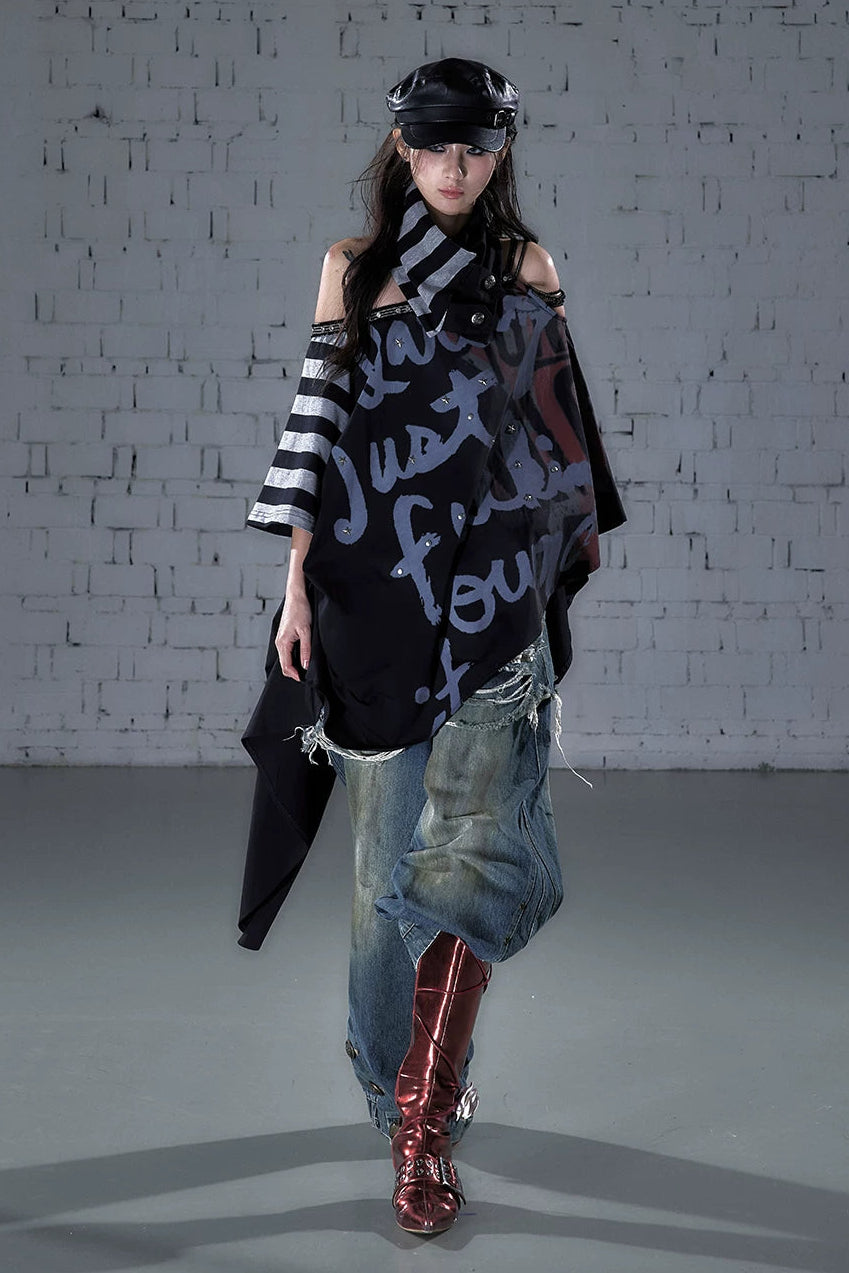 Asymmetrisches Cape-Oberteil mit Patchwork