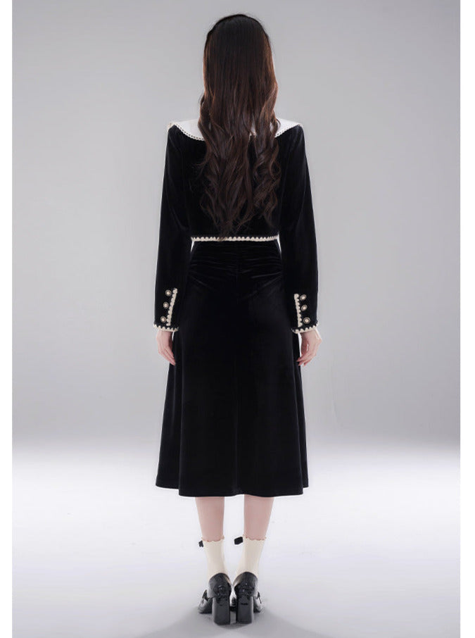 로즈 리본 블랙 벨벳 스티치 쇼트 재킷 + 롱 스커트