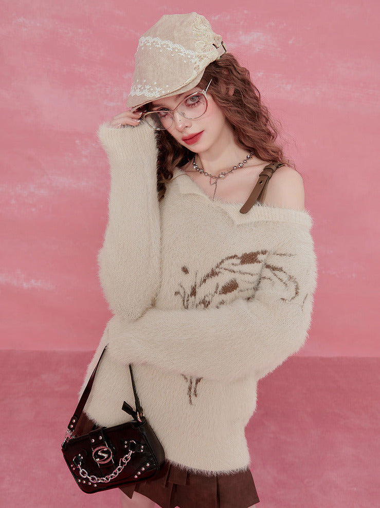 エンブロイダリーオフショルダーデザインニット