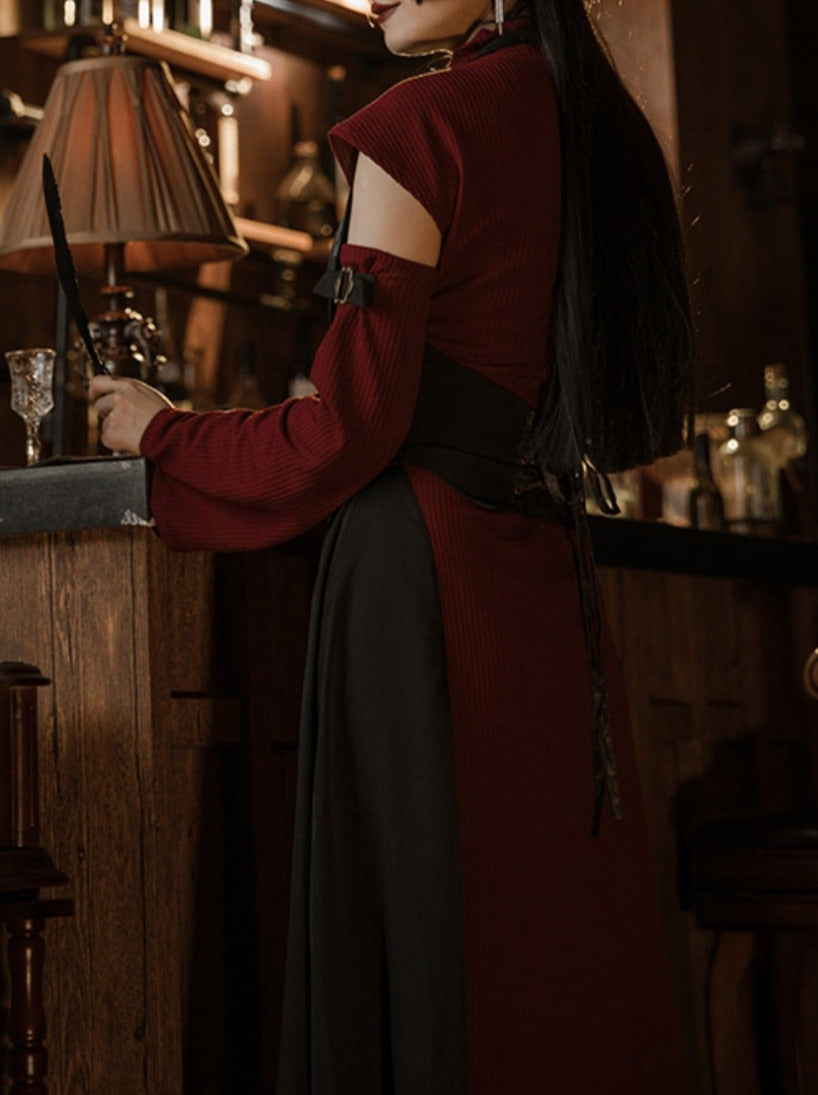 Retro Wine Red Black Oriental China Style Trumpet Sleeve Long Dress