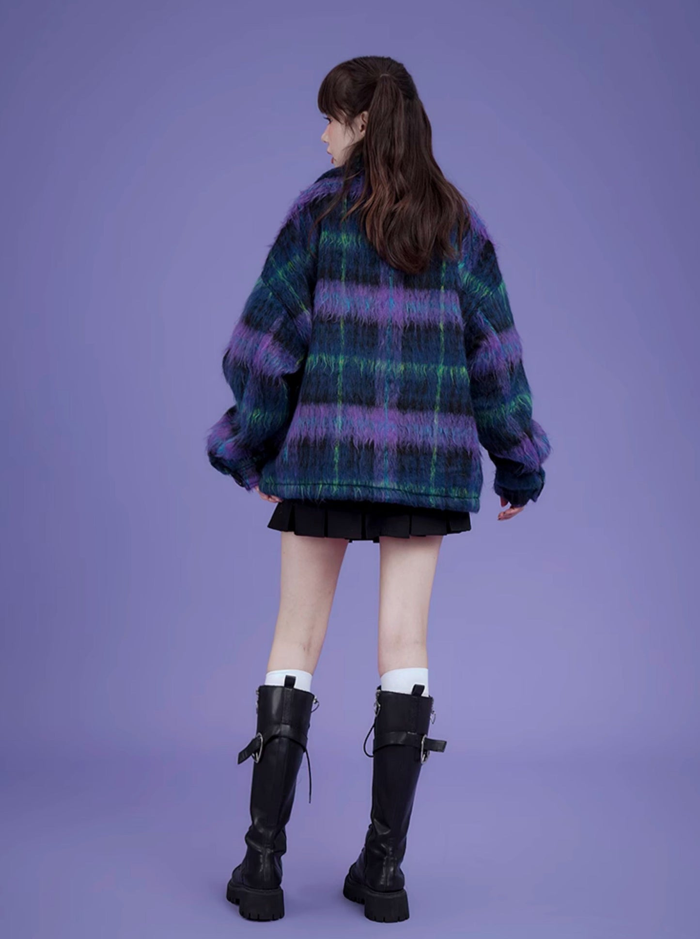 Dark Check Purple Casual Coat
