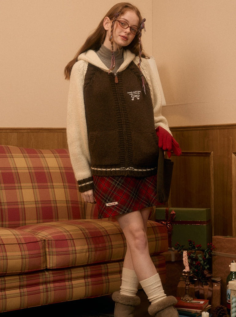 レトロフードモヘアニットフードジップアップアウター