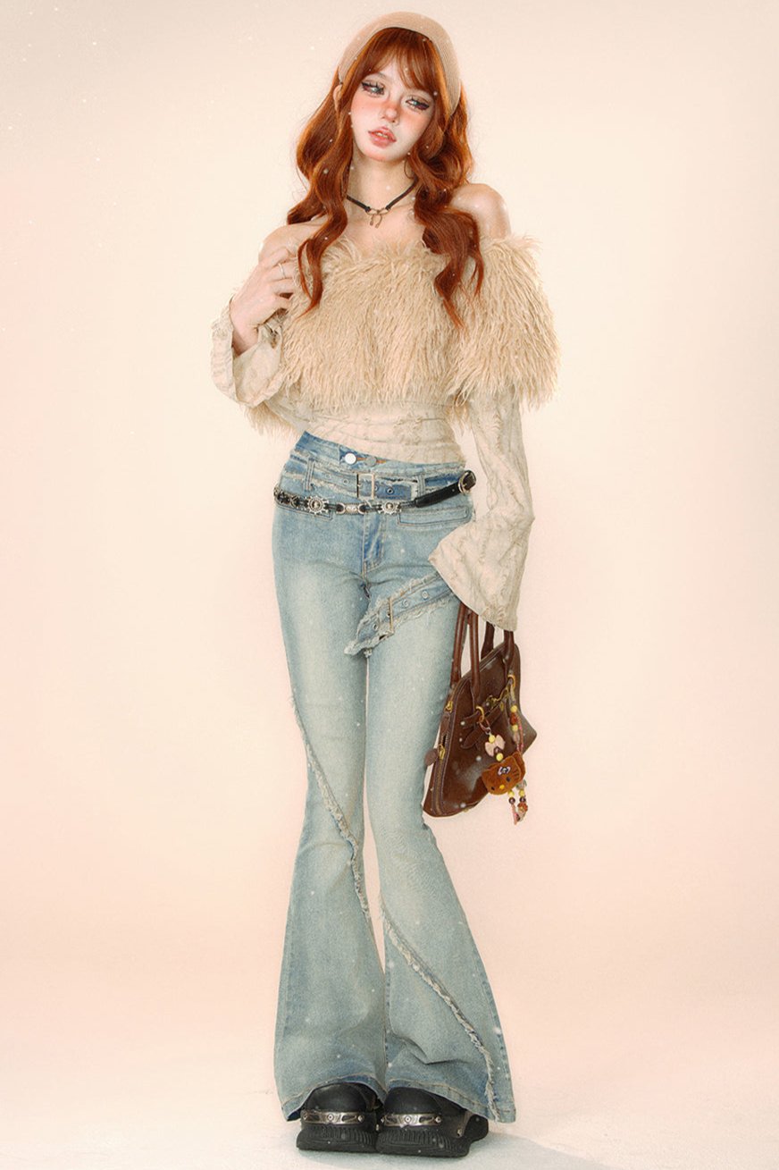 ワンショルダープラッシュパッチワークニットトップ