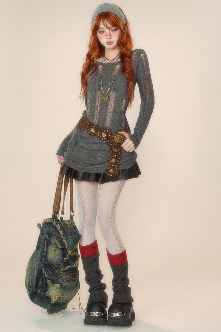 スリムウエストカットアウトニットセーター+ベルト