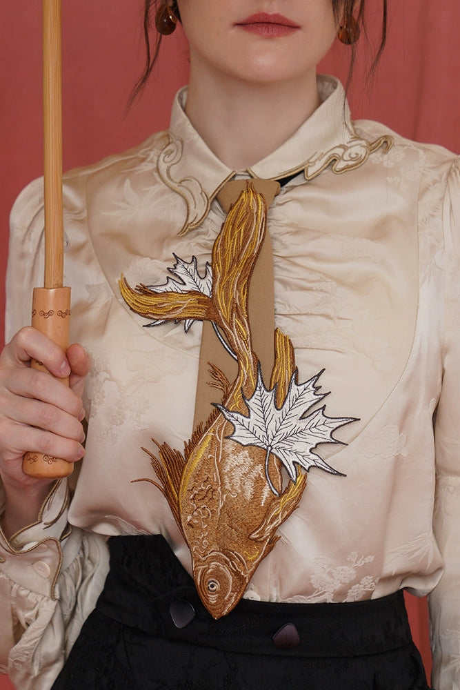 Kamo original Chinese style sinking fish fallen leaves tie women's matching shirt design sense niche embroidery bow tie accessories