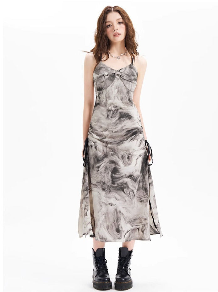 インクマーブルサイドスリットバッククロスストラップワンピース