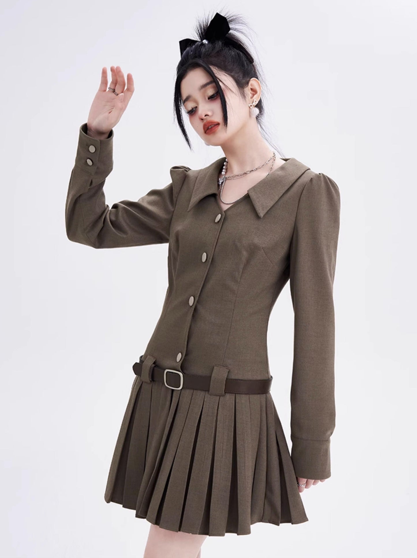 泡芙袖子皮带卡其色