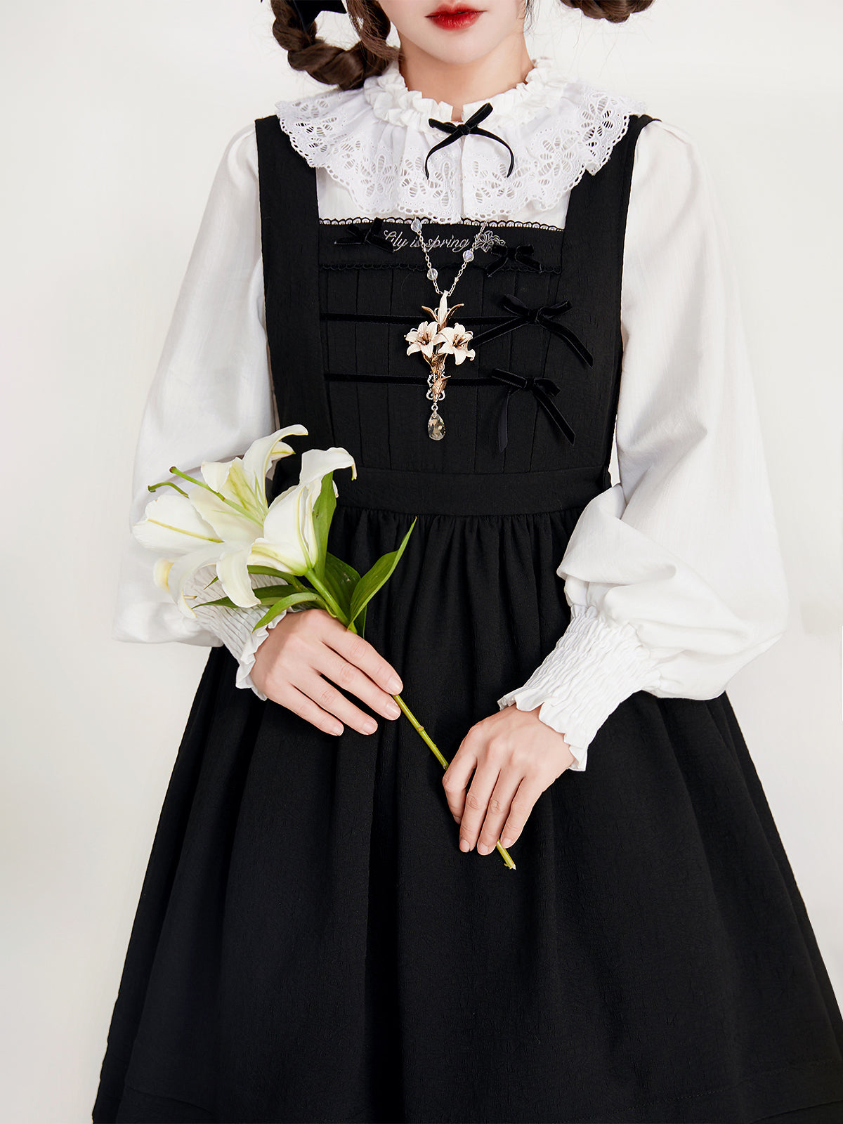 Ruffle Little Ribbon Blouse + Suspender Skirt