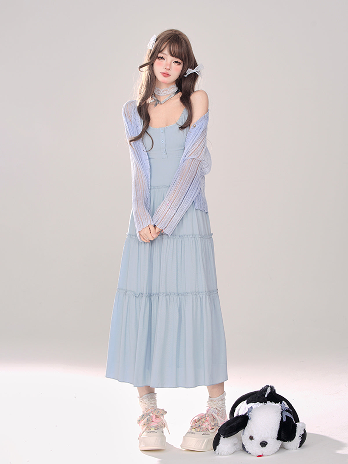 Cardigan d'été en maille transparente au clair de lune + robe à bretelles