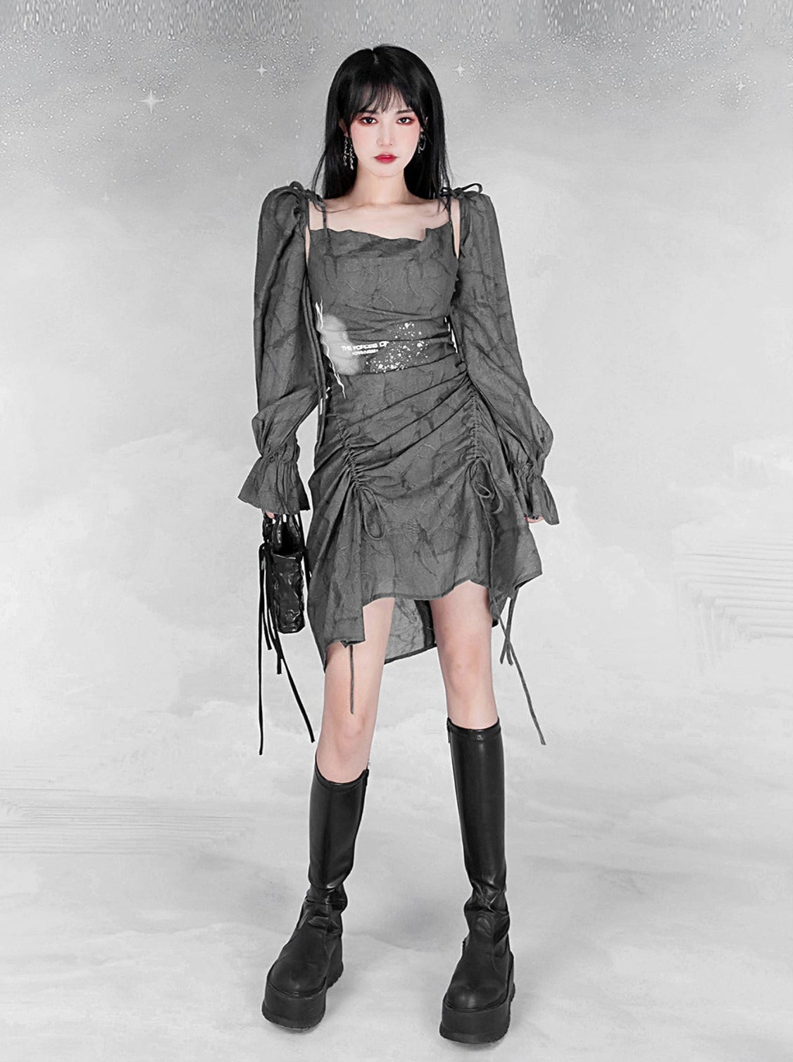 グレープリントドローストリングクールモードドレス