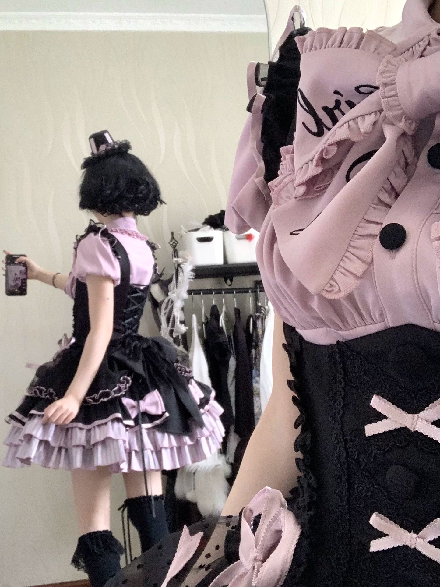 【5月12日予約締切】ブラックパープルロリータアイドルリボンパフスリーブシャツ+コルセットチュールプルアップJKSドレスセットアップ