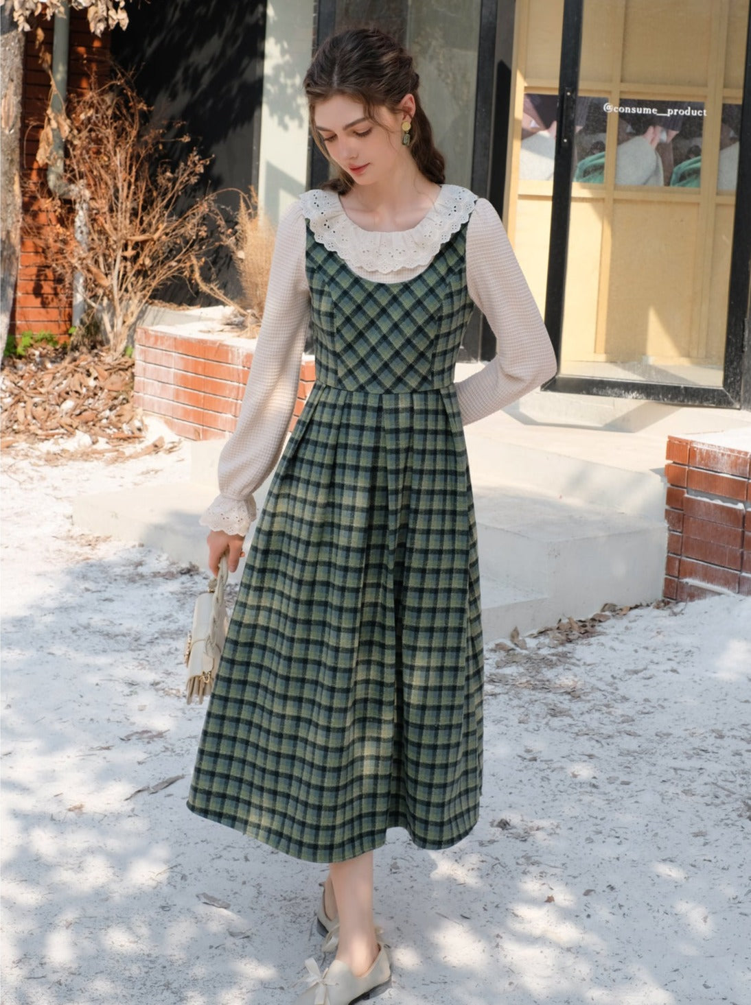Retro Ruffle Lace Collar Blouse + Green Plaid Suspender Skirt Belchic Retro Ruffle Lace Collar Blouse + Green Plaid Suspender Skirt Belchic