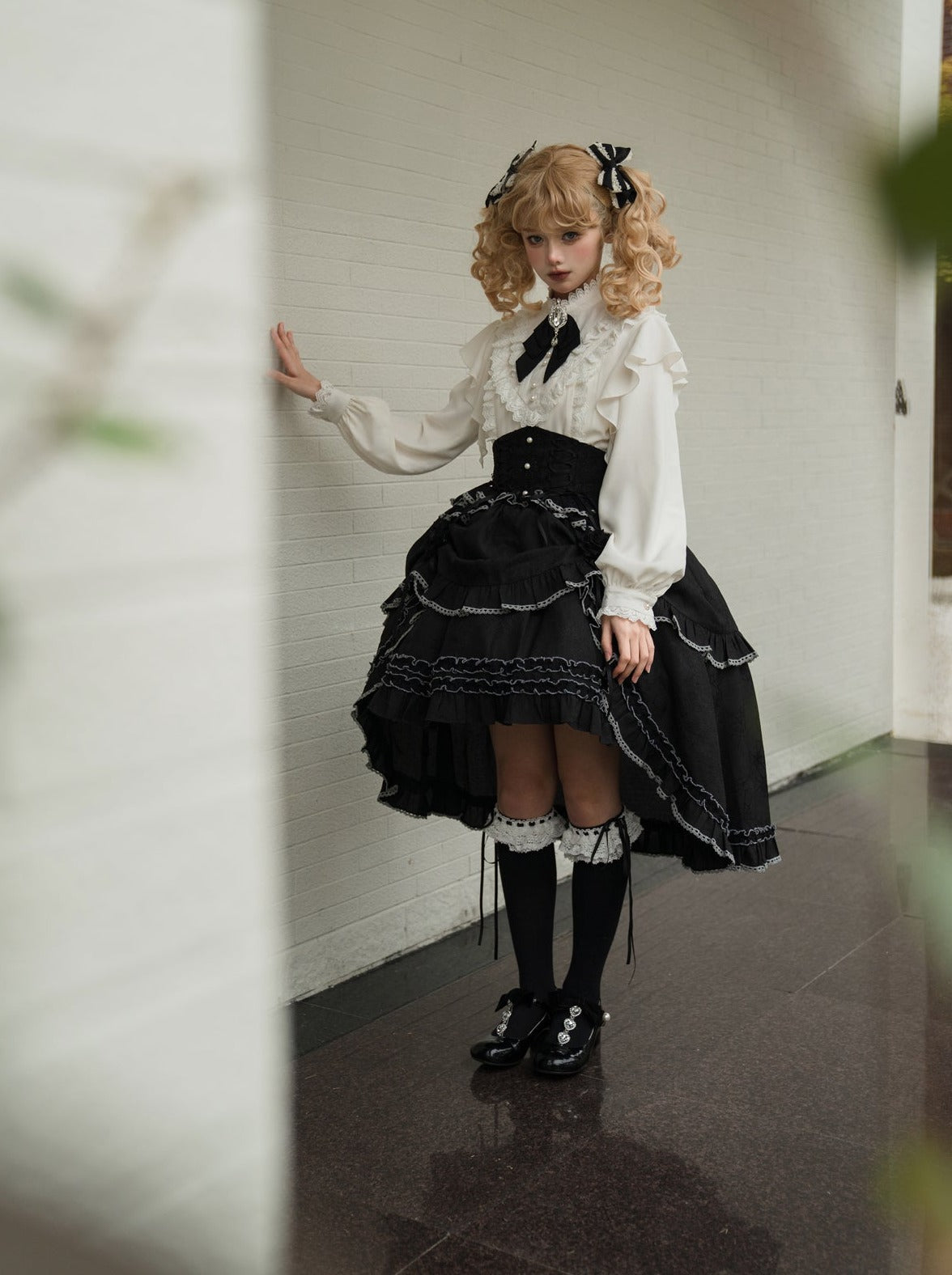 Frilled Elegant Blouse + Asymmetrical Flared Skirt