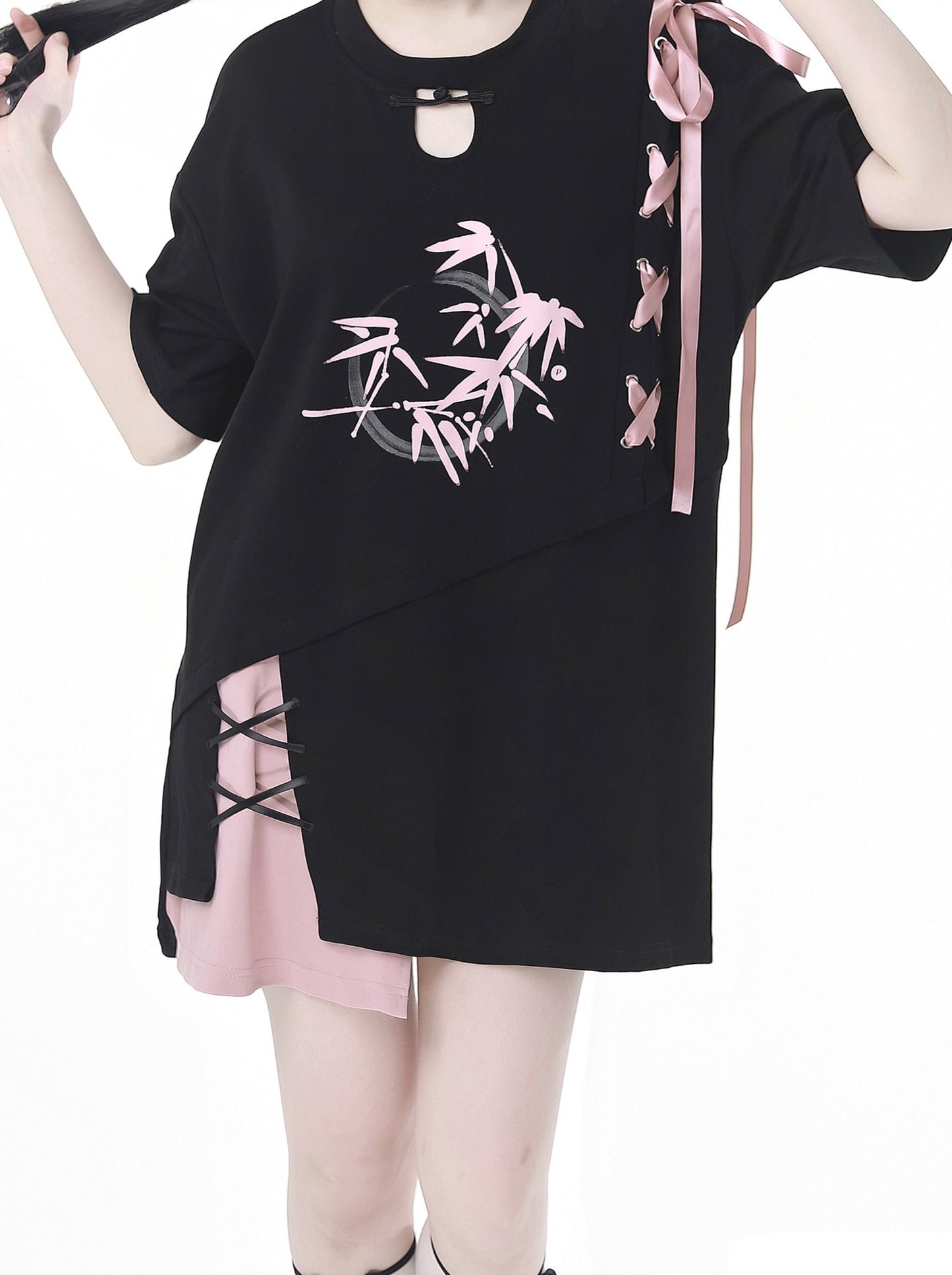 チャイナストラップステッチイレギュラーTシャツワンピース