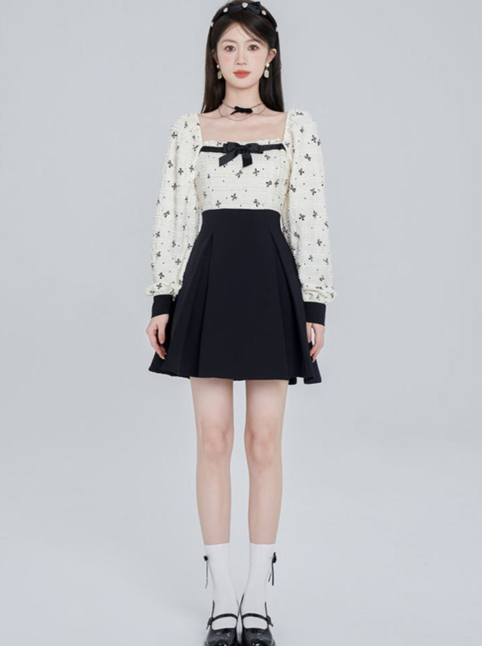 スクエアネックリボンモノクロワンピース