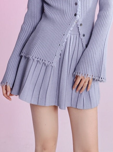 ブルーピュアラストストライプタッセルニットカーディガン+プリーツスカート