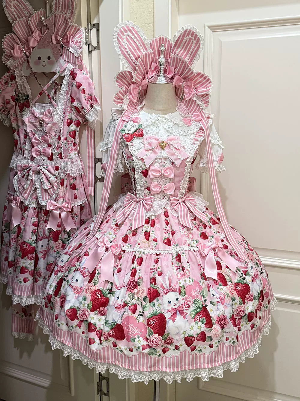 【4月29日予約締切】ストロベリーラビットうさ耳リボンシャツ+フリルショルダーレースリボンJKSドレス+フルセット/コンプリートセット