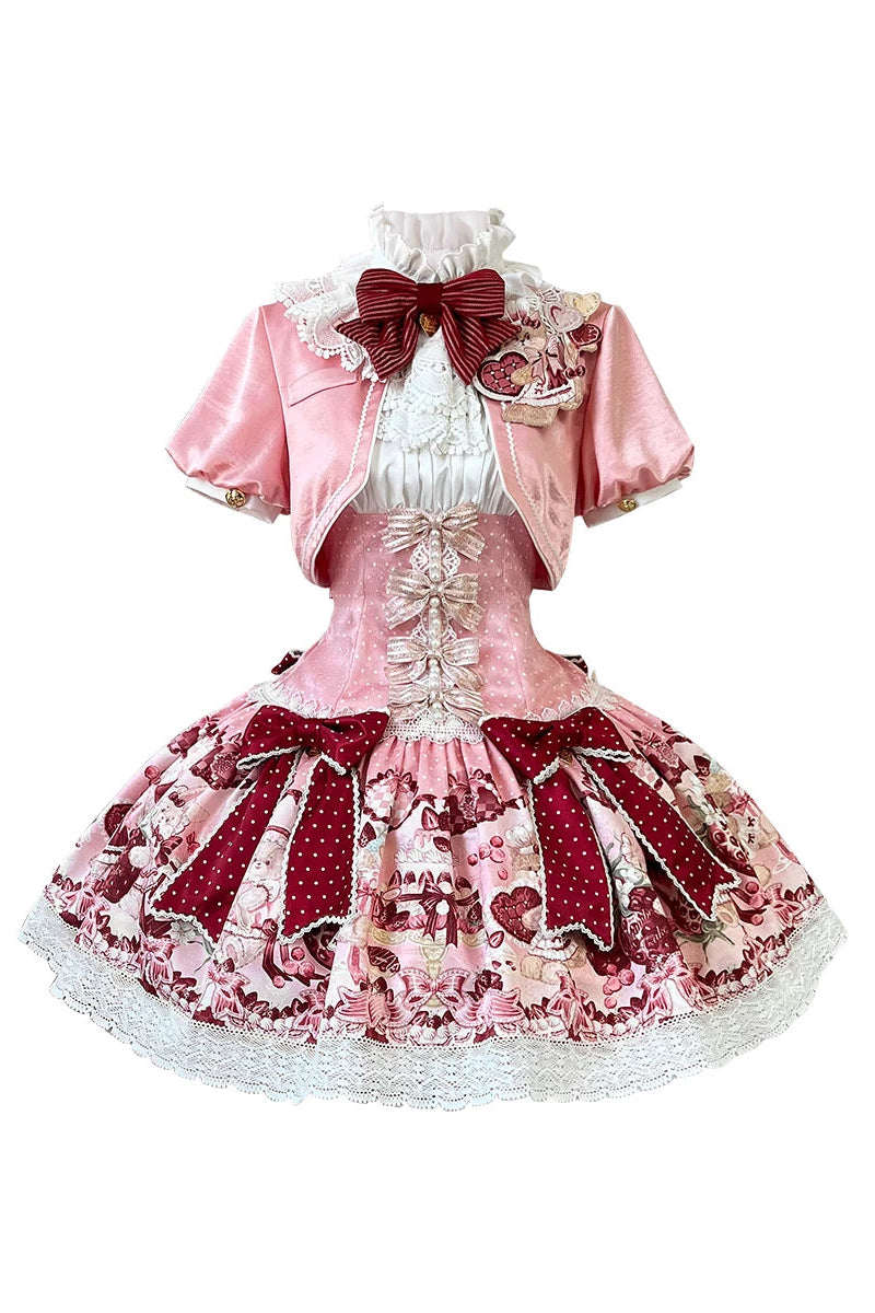 【8月10日予約締切】ストロベリーファンタジーリボンレースショートジャケット+プリントスウィートロリータドレス+セットアップ