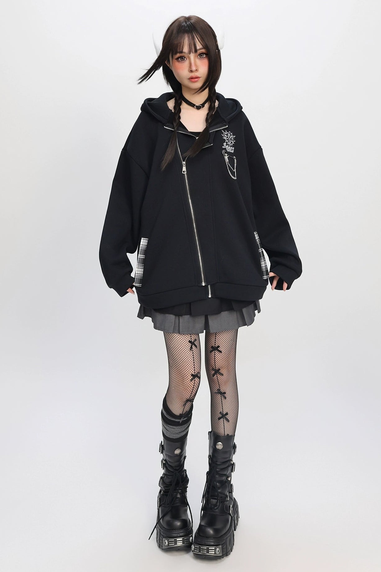 キャットフリースダブルジッパーフードパーカー