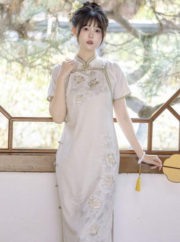 川黛时光:白牡丹民国风全开印花旗袍女装新中式日常气质连衣裙