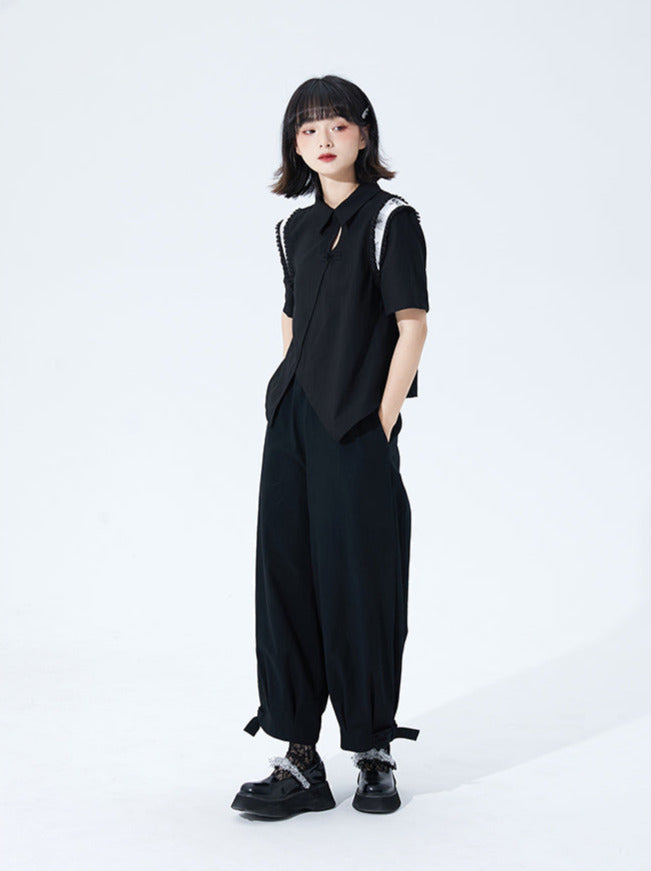 China Asymmetric Check Frill Shoulder Shirt