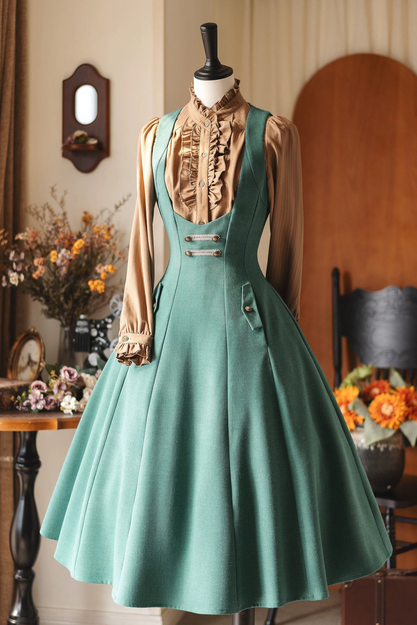 레트로 웨이스트 신칭 서스펜더 스커트