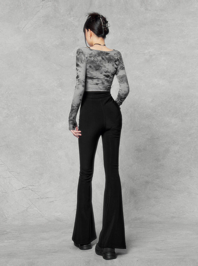 ブラックベルベットハイウエストストレッチスキニーフレアパンツ