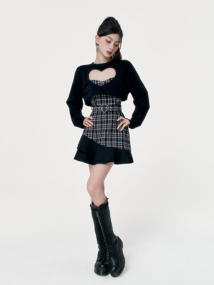 オープンハートショートトップス+チェックフリルキャミワンピース