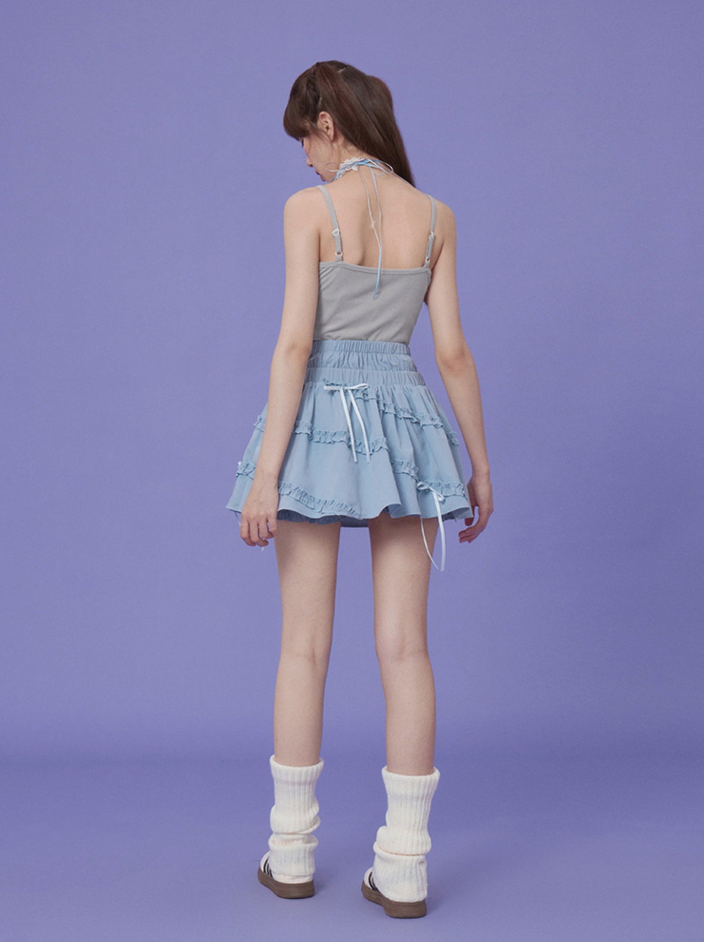Blue Romantic Pure Double Waist Ribbon Skirt
