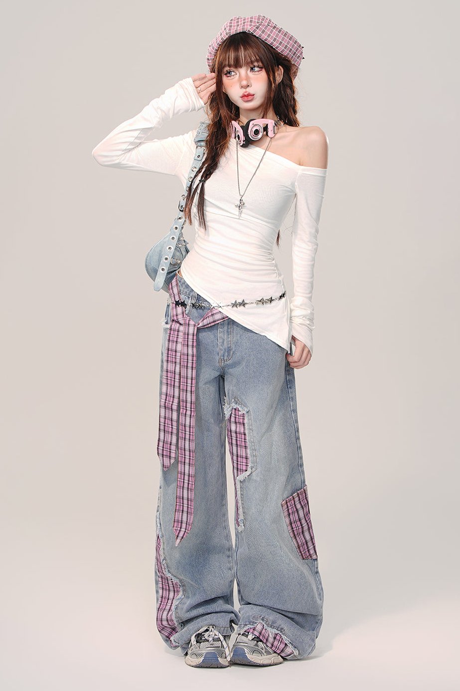 Check panel straight wide leg pants