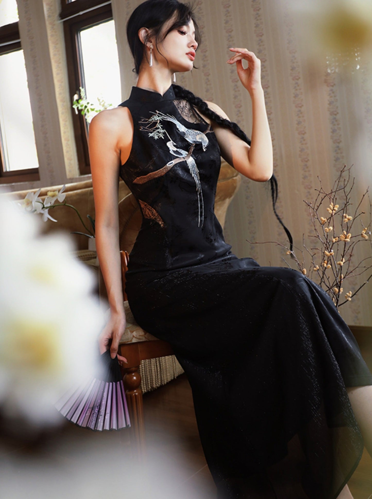 四斤自制连理枝旗袍原创古画刺绣薄款夏季可穿,露肩无袖黑连衣裙