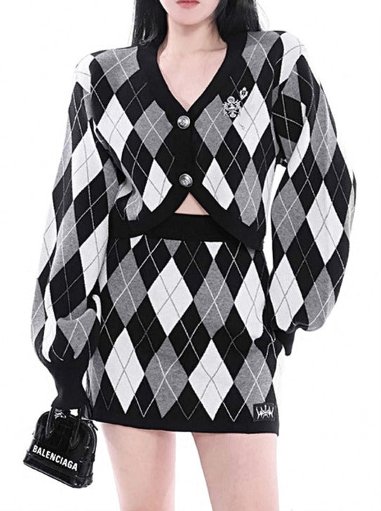 スパイシーレトロルーズスリムアーガイルニットスーツセットアップ