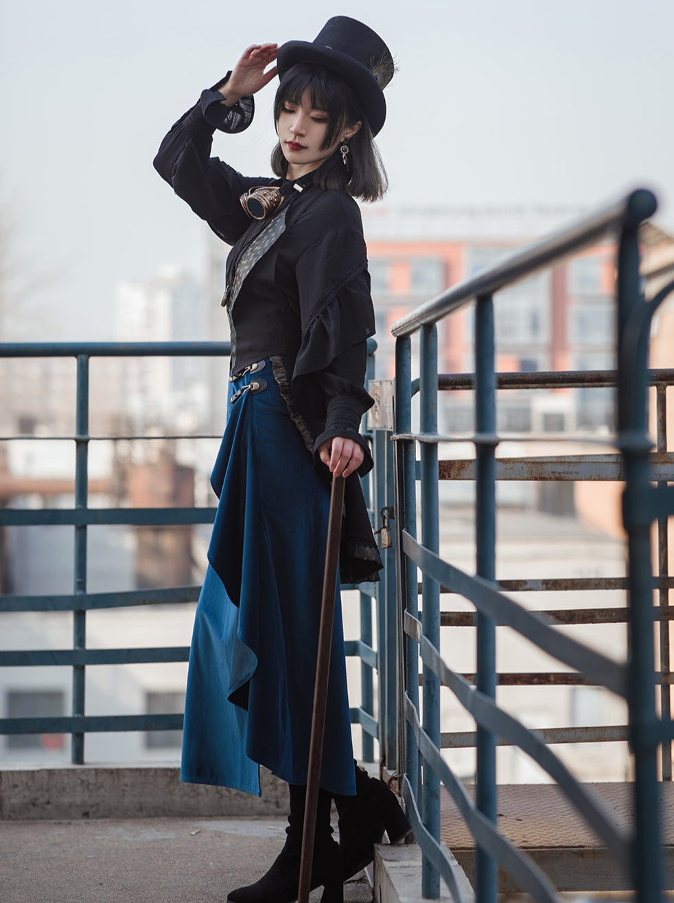 スリットレトロブルーロングスカート