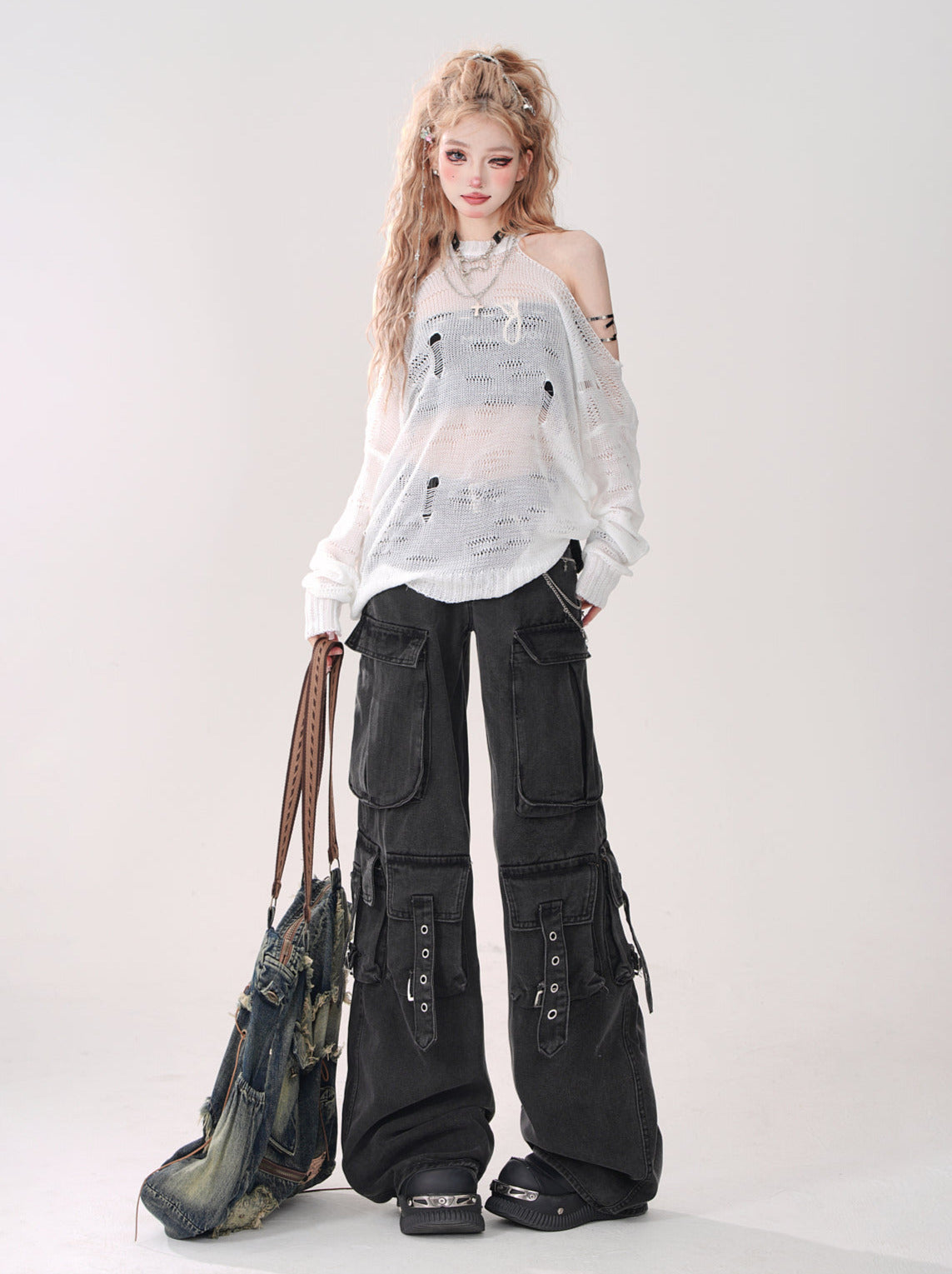 Halter Neck Off-the-shoulder Openwork Knit Top [Reserved Item