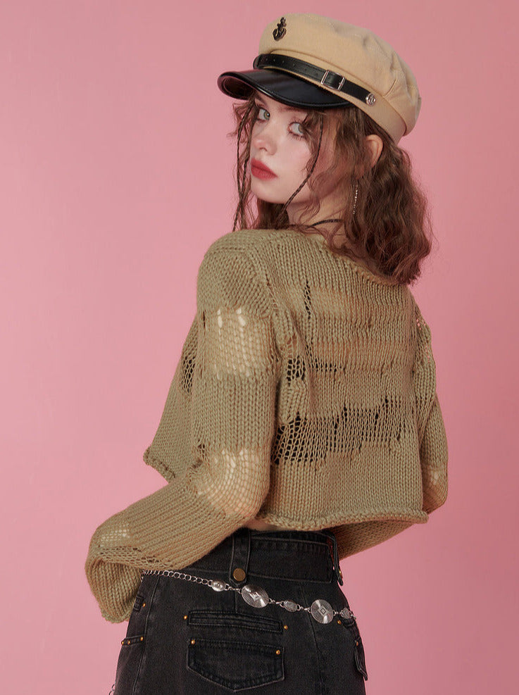 Design Loose Pullover Short Sheer Knit Top