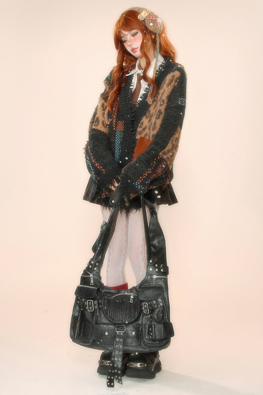 レオパードプリントルーズパッチワークスウェタージャケット