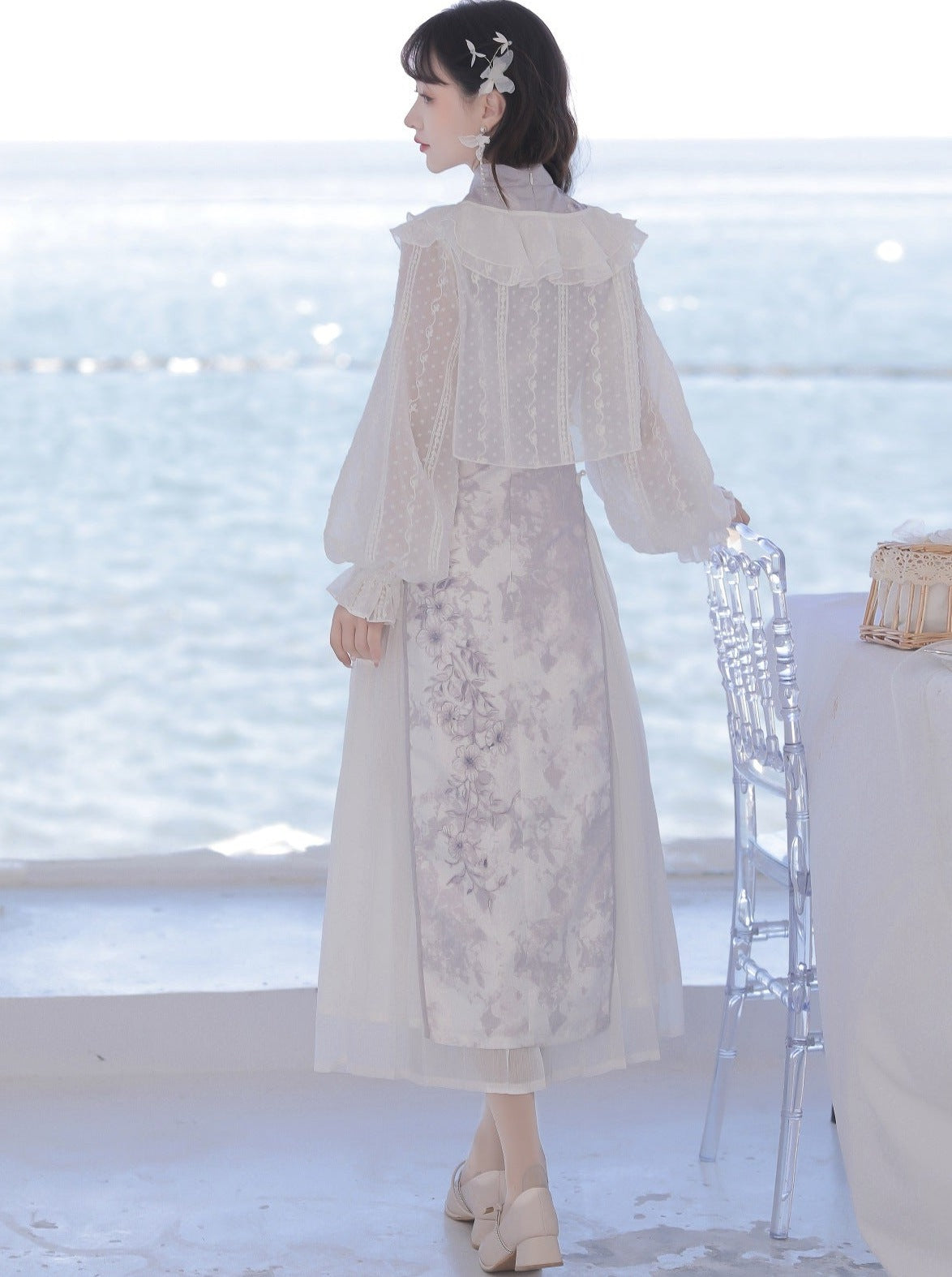 시어 가디건 + 플라워 차이나 드레스 + 플리츠 스커트