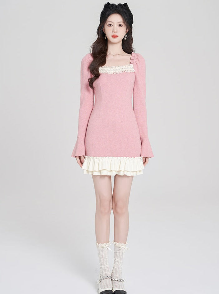 スイートピンクフリルオープンネックワンピース