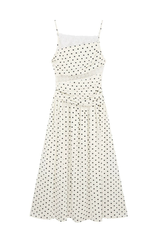 Abito canotta lungo francese a pois e pizzo + Scrunchie a pois