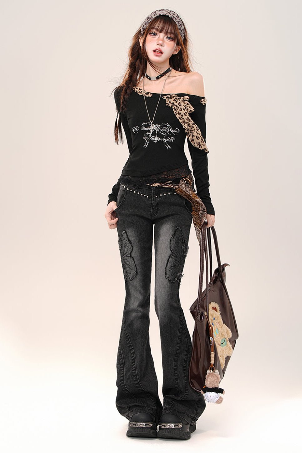レオパードプリントスリムレーススランテッドショルダートップ